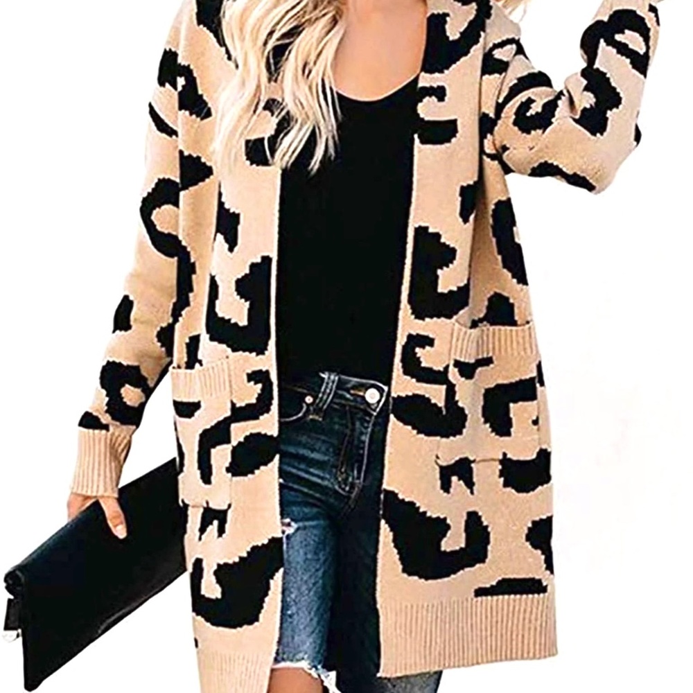 New Women's Leopard Knit Open Front Long Maxi Cardigan Jacket Duster Pockets Sm